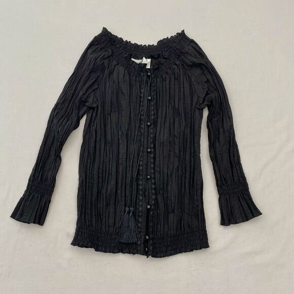 Harve Benard Crinkle Blouse Small Black Tassel Top Witchy Boho Whimsigoth - Picture 7 of 13